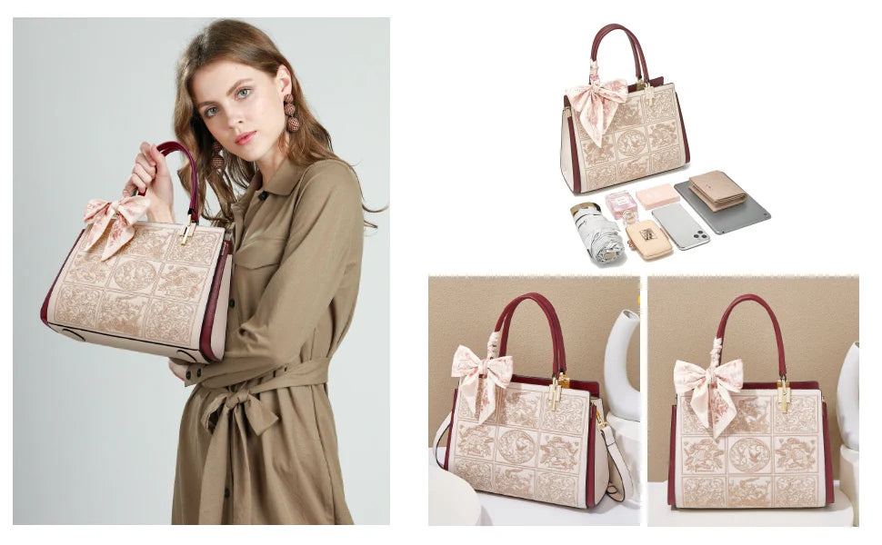 FOXER Women's Shoulder Handbag New Office Lady Crossbody Bag Medium Tote Chic Split Leather Silk Scarf Printing Pocket Mom's Bag