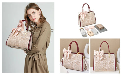 FOXER Women's Shoulder Handbag New Office Lady Crossbody Bag Medium Tote Chic Split Leather Silk Scarf Printing Pocket Mom's Bag