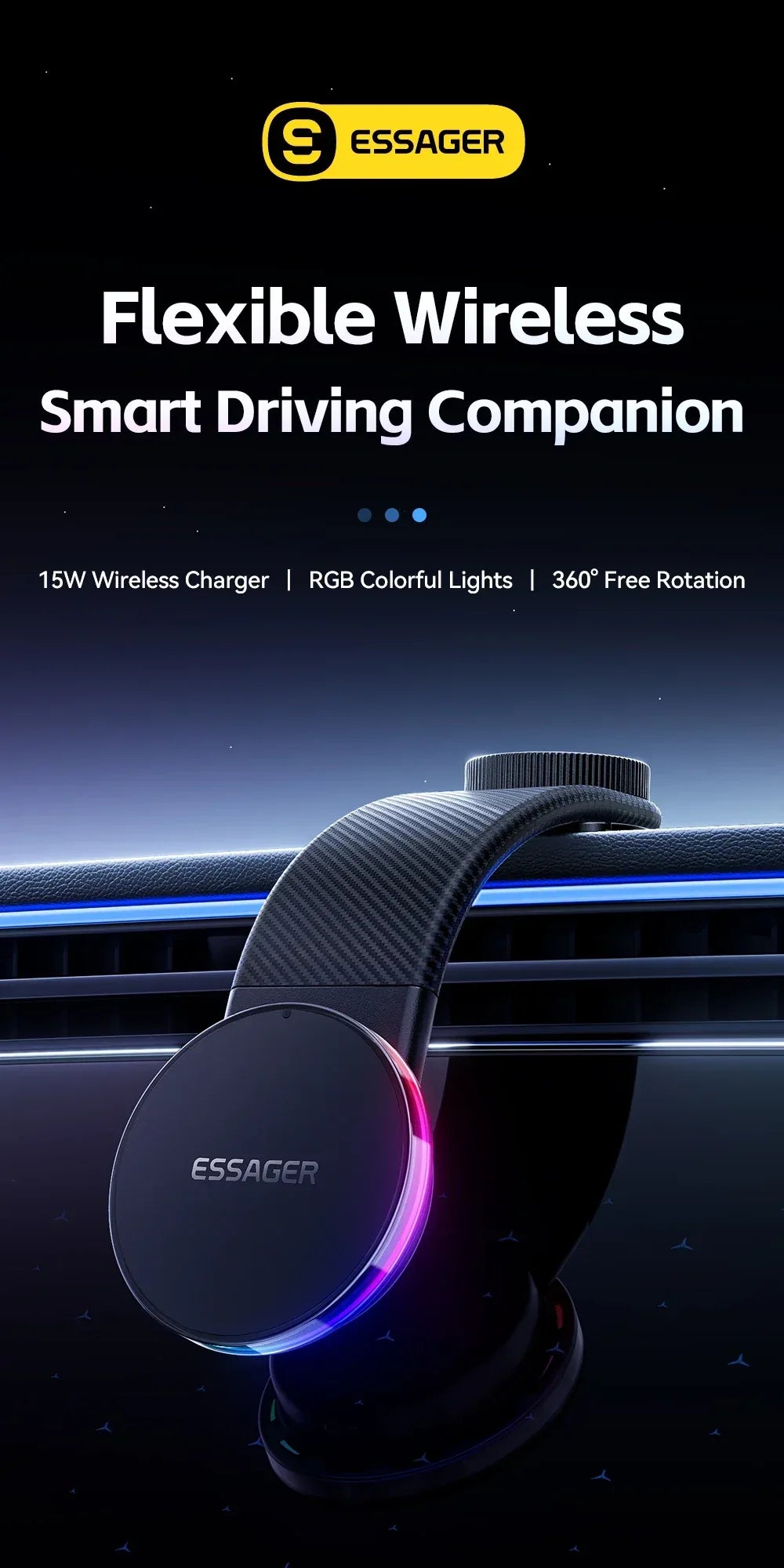 Essager 360° Free Rotation Magnetic Car Phone Holder and LED 15W Wireless Charger Stand - ShopHub