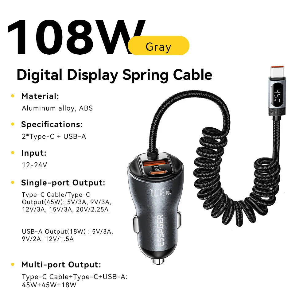 Essager 108W Car Charger USB-C & USB-A Ports