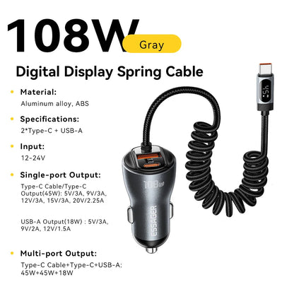 Essager 108W Car Charger USB-C & USB-A Ports