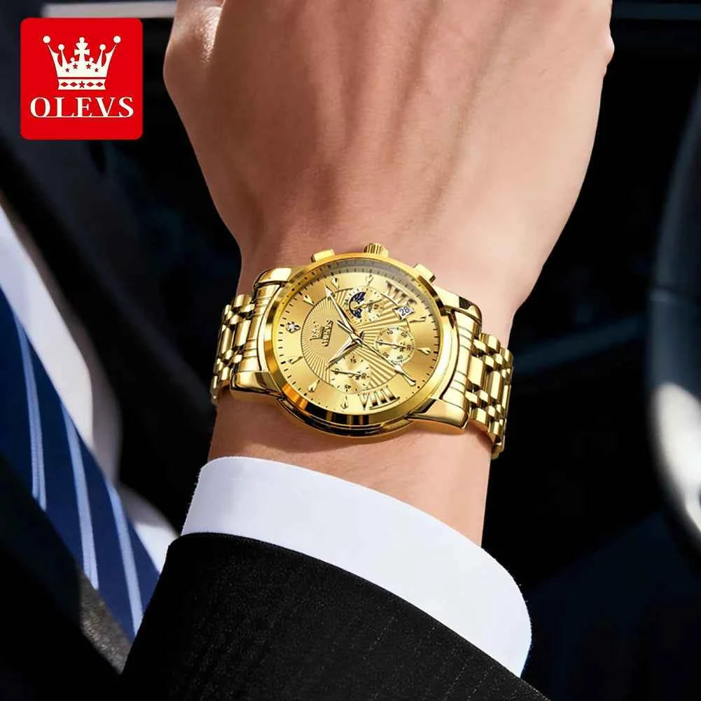 OLEVS 2892 Mens Business Quartz Watch with Moon Phase Multifunctional Chronograph and Calendar Window