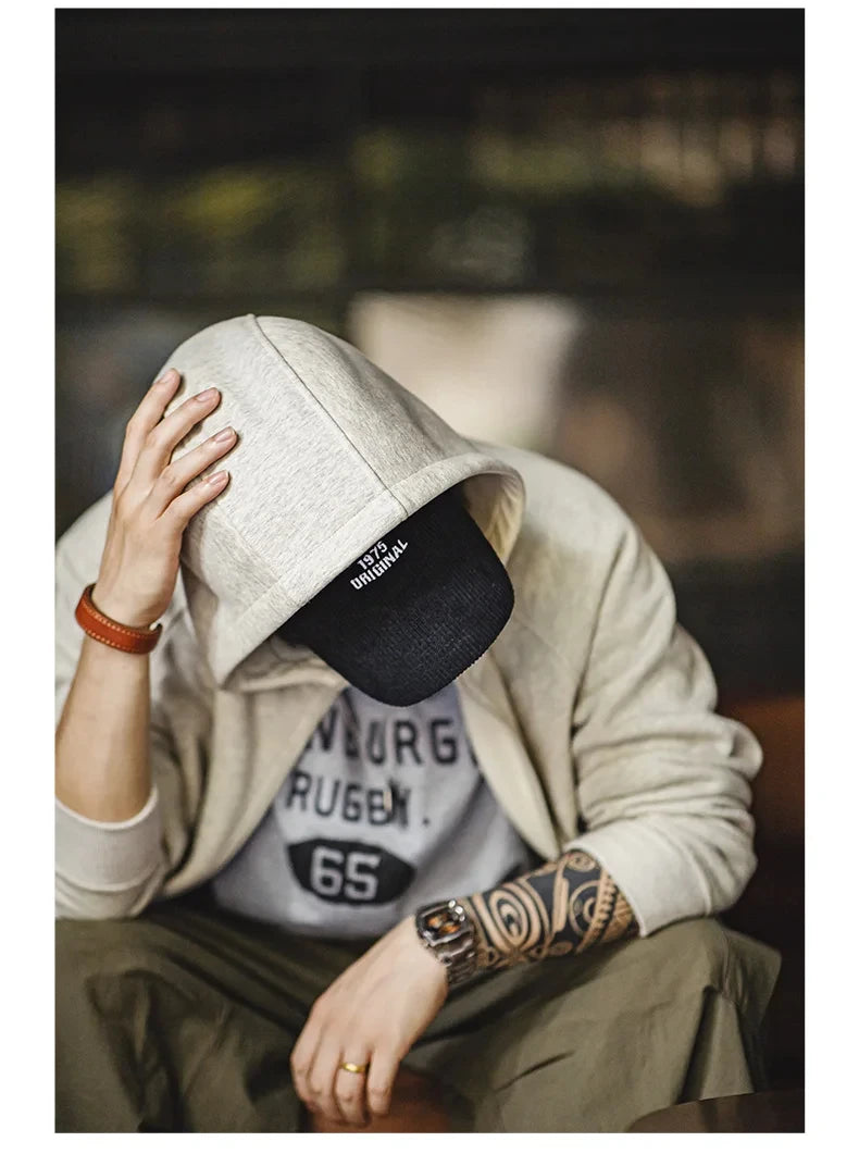 Maden Gray Hooded Sweatshirt for Men Polar Fleece Lining Thickened Warm Zippered Sports Cardigan Autumn and Winter Outer Jacket