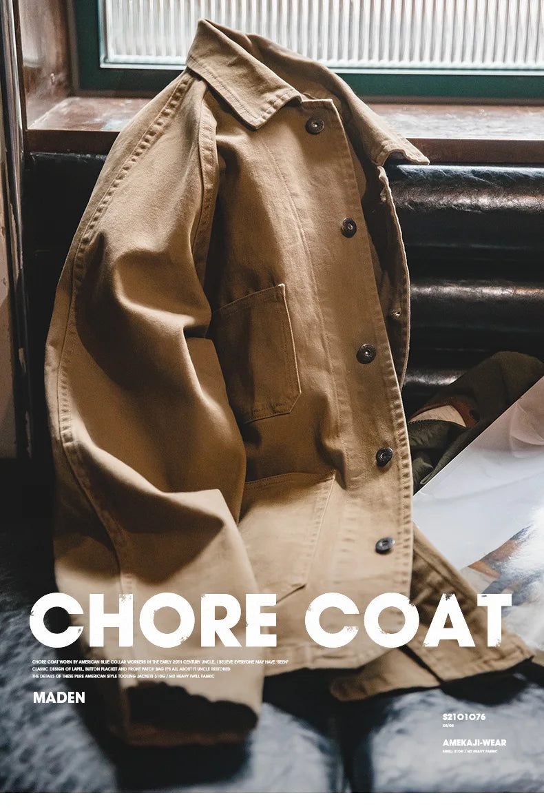 Maden Heavyweight Twill Fabric Four-pocket Chore Coat for Men Khaki Color Turn-down Collar Utility Jacket Male Autumn Jackets