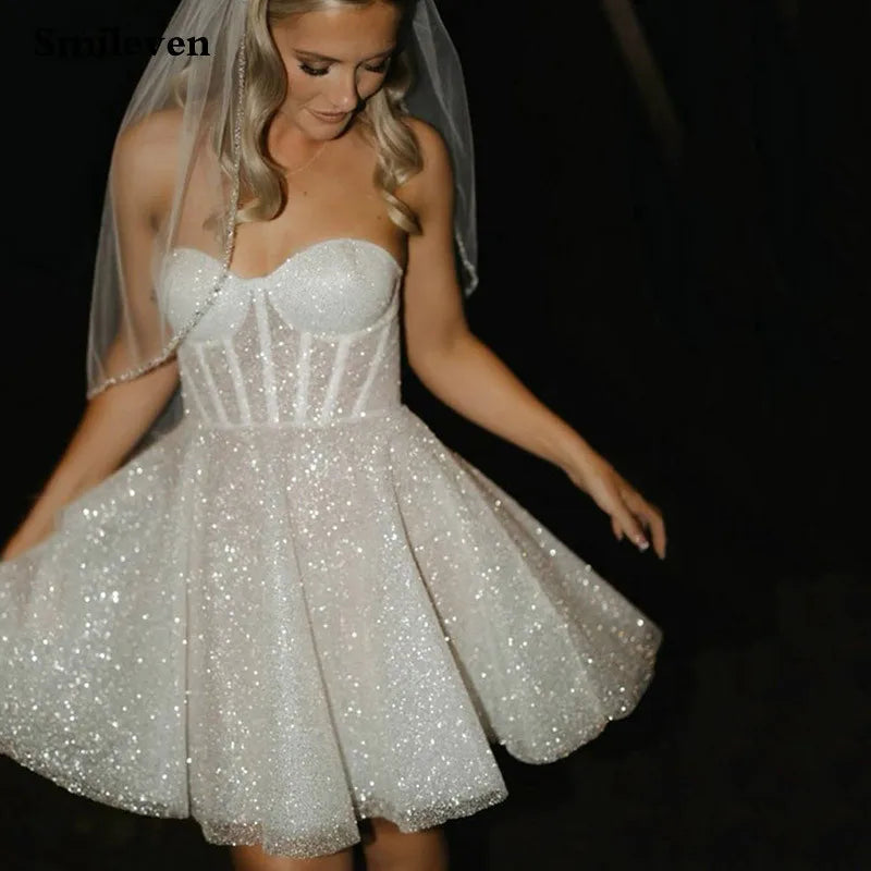 Smileven Sleeveless A Line Shiny Glitter Short Wedding Dress
