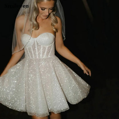 Smileven Sleeveless A Line Shiny Glitter Short Wedding Dress