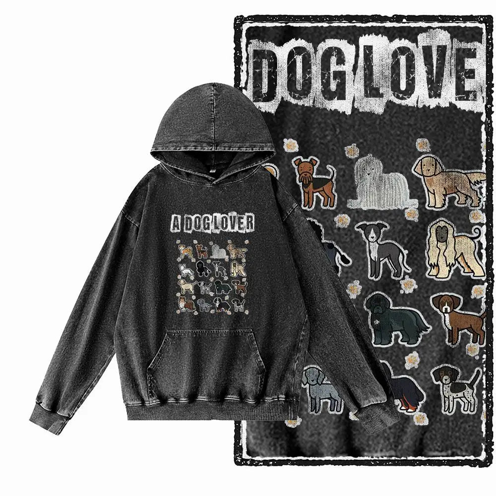 Vintage Dog Graphic Acid-Washed Black Hoodie