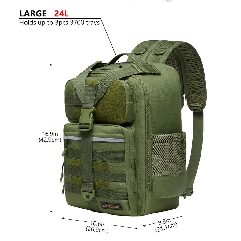 BASSDASH Fishing Backpack Convertible Sling Bag Army Green Large