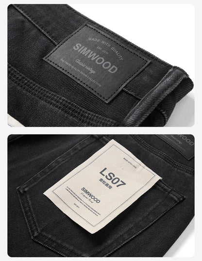 SIMWOOD 2026 Autumn New Loose Straight 13oz Elastic Fabric Jeans Men Washed Vintgae Basic Black Denim Trousers