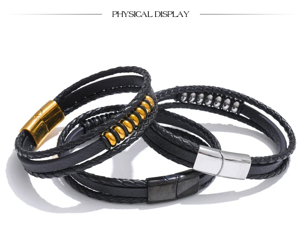 Stylish Black Fibre Leather Layered Men's Wrist Bracelet Bangle - ShopHub