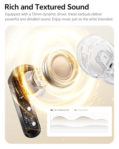 QCY MeloBuds N20 Earphones - Wireless Bluetooth 6.0 with 13mm Drivers and 50dB Adaptive Hybrid Noise Cancelling, 40Hrs Battery Life - ShopHub