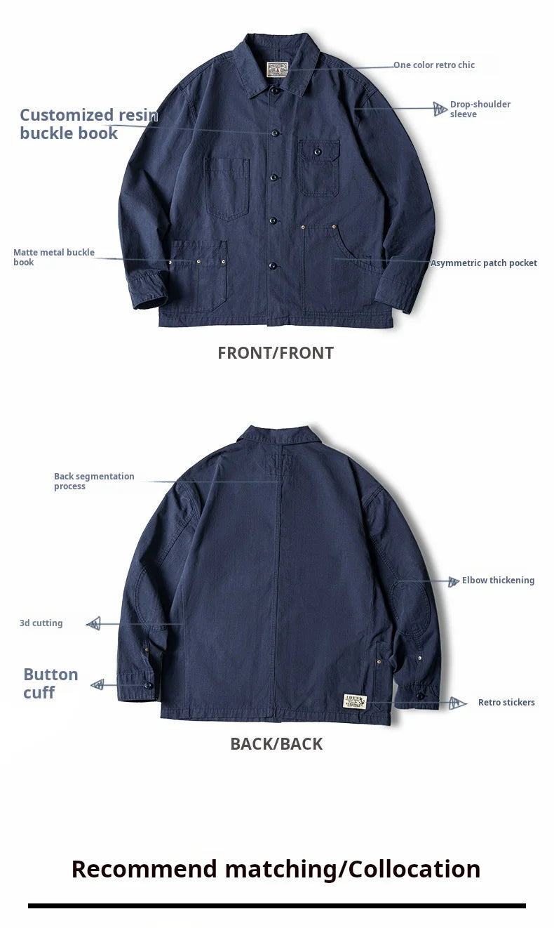 Maden Retro French Jacket Multi-Pocket Lapel Navy Heavyweight Single-breasted Hunting Coat for Men's Spring and Autumn Tops