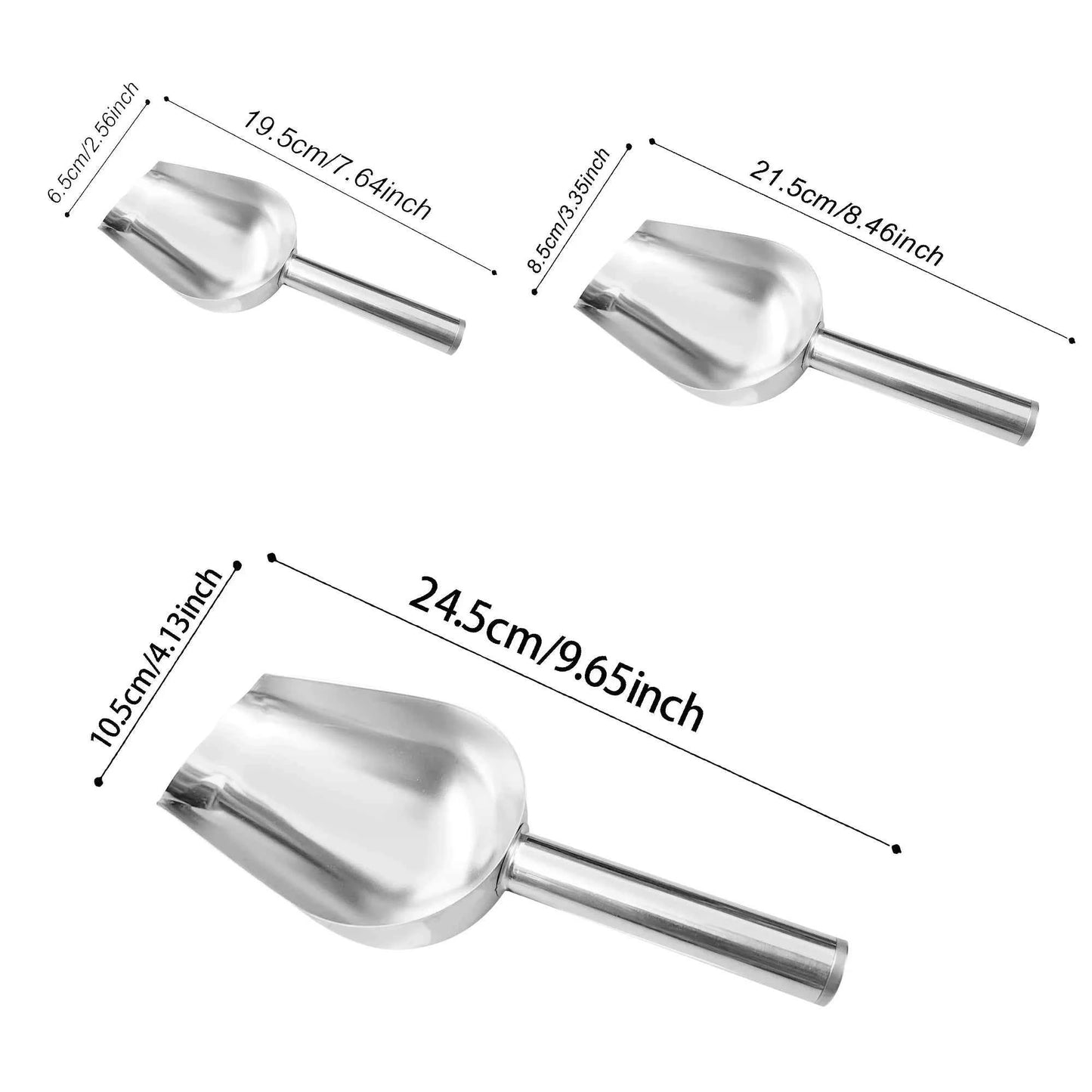 3PC Stainless Steel Scoop Set | Heavy Duty Ice Shovel for Pet Food & Grains | Multi-Use Commercial Kitchen Tool Rustproof