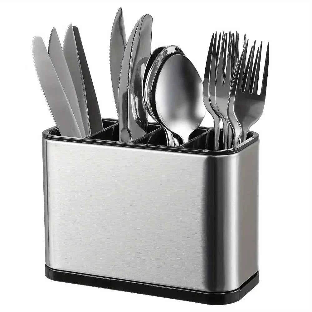1Pc Stainless Steel Cutlery Holder with 4 Compartments, Rustproof Organizer for Kitchen Counter, Large Capacity Utensil Storage