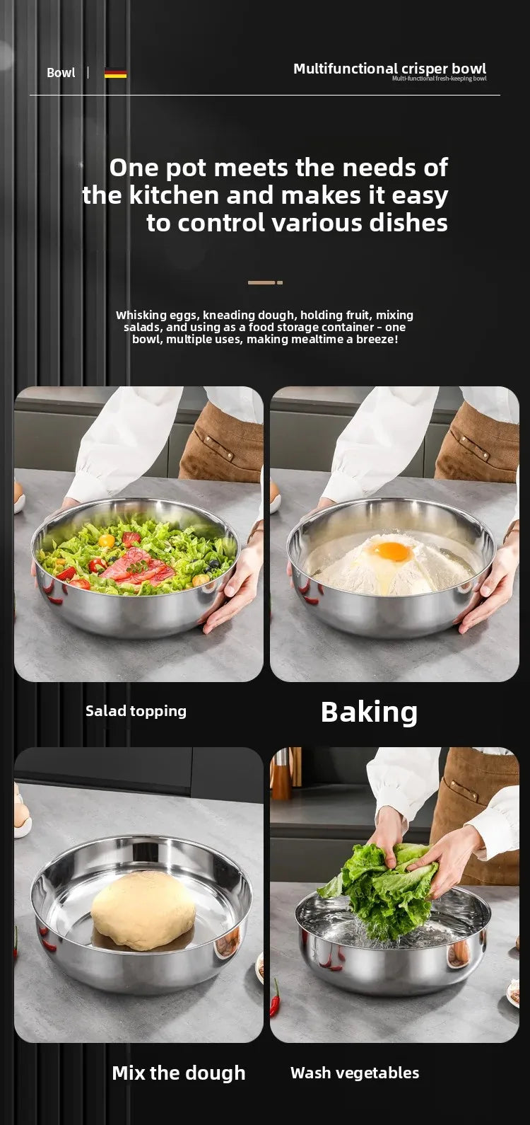 Large Stainless Steel Mixing Bowls - Rust Resistant Kitchen Utensils for Dough, Pasta, Vegetables, and Soups