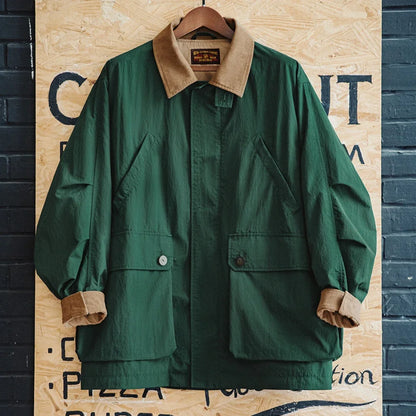 Maden Men's Retro Multi-pocket Safari Jacket Green Loose Corduroy Lapel Classic Coat Versatile Outerwear for Spring and Autumn