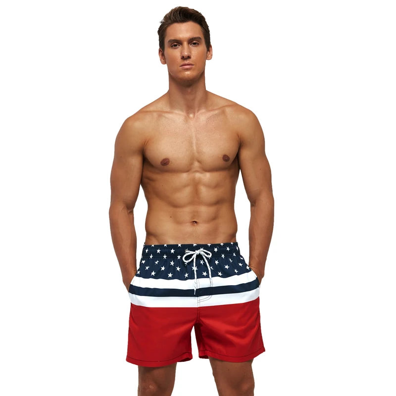 Men's summer boardshorts by ShopHub NZ featuring beach print, pockets, designed for surfing, swimming, and workout activities.