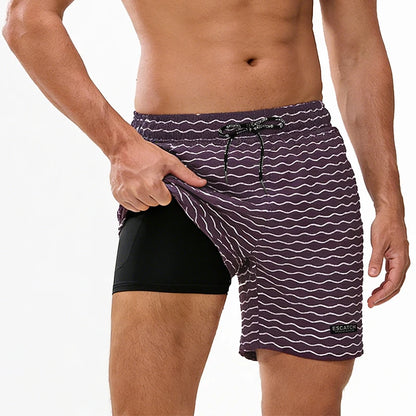 Men's boardshorts by ShopHub NZ featuring classic print, elastic waist, and 2-in-1 design, ideal for beach and swimwear.