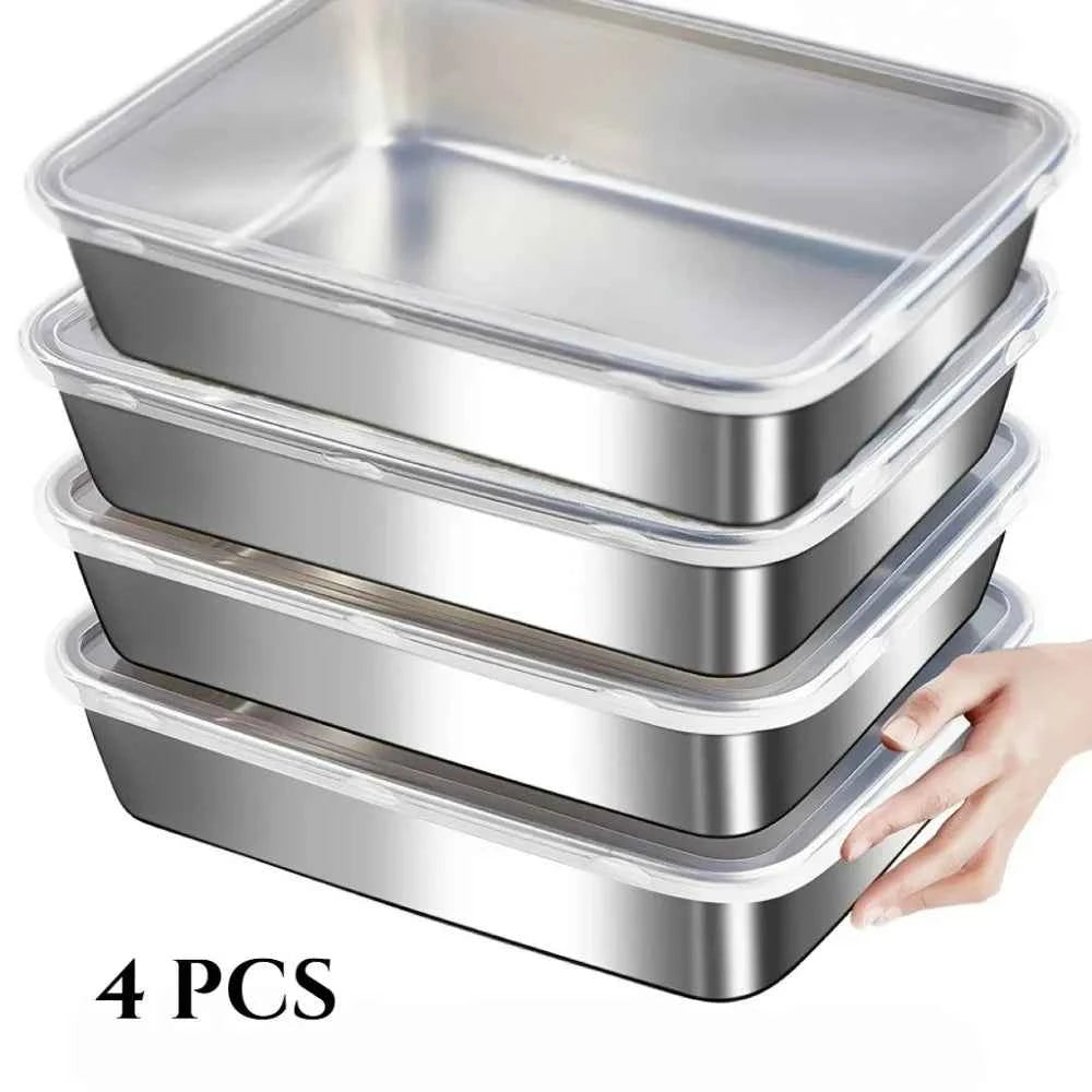 4-Piece Stainless Steel Baking Pans with Lids, Non-Stick Rectangular Roasting Dish for Oven, Perfect for Vegetables Meat