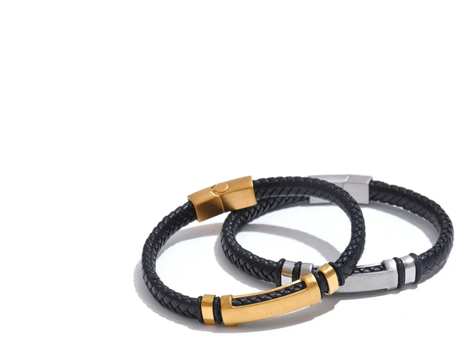 70mm Vintage Stainless Steel Black Leather Braided Handmade Men's Bracelet Bangle - ShopHub