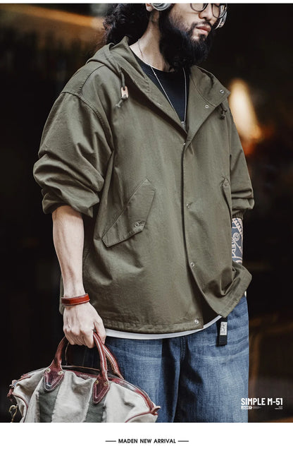 Maden Vintage Green M51 Hooded Jacket Loose Fishtail Short Overcoat Men's Versatile Outwear with Pockets Hidden Button Placket