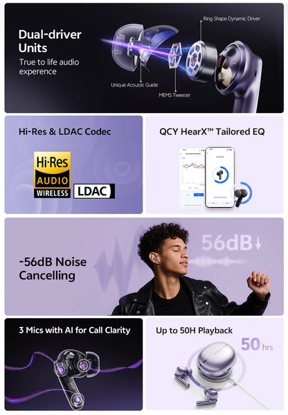 QCY HT18 Wireless Earbuds Bluetooth 6.0 with Hi-Res LDAC, Adaptive ANC, Dual-Driver Design, and In-Ear Detection - ShopHub