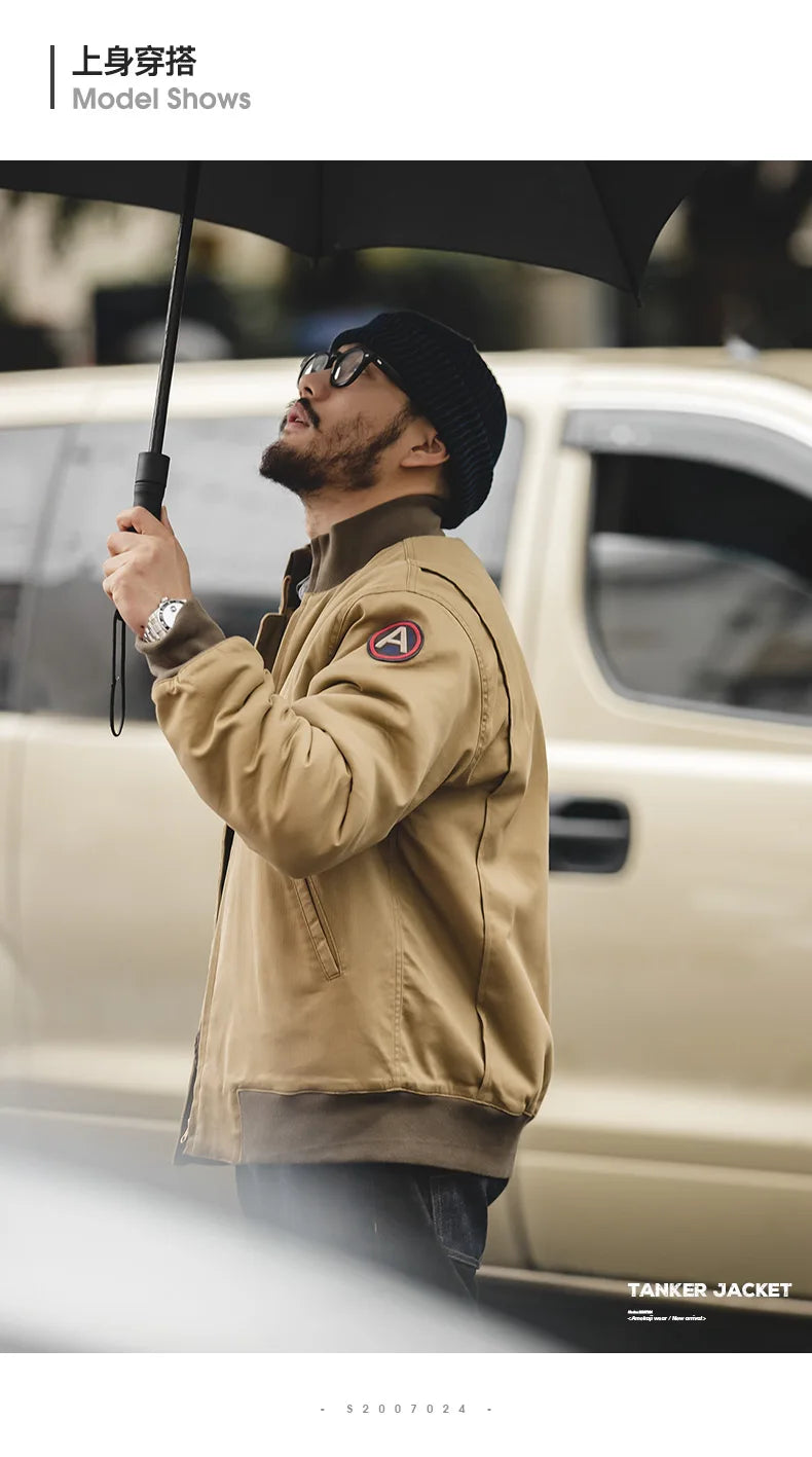Maden Men’s Brown Flight Bomber Jackets Vintage Pilot Aviator Monocycle Jacket Slim Fit With Patches Stand Collar