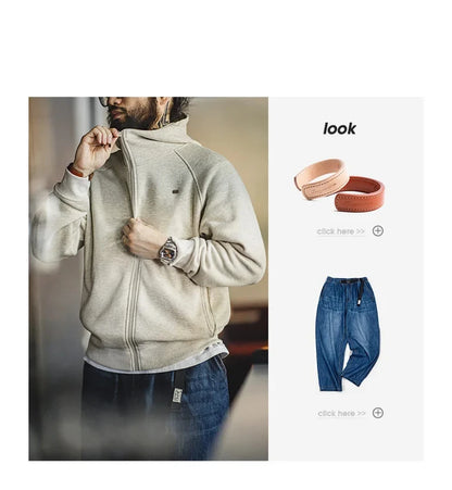 Maden Gray Hooded Sweatshirt for Men Polar Fleece Lining Thickened Warm Zippered Sports Cardigan Autumn and Winter Outer Jacket