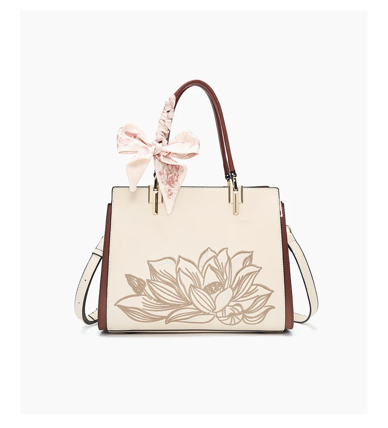 FOXER Luxury Embroidery Women's Handbag Split Leather Elegant Lady Tote Bag Chinese Style Shoulder Bag Best Mother's Day Gift