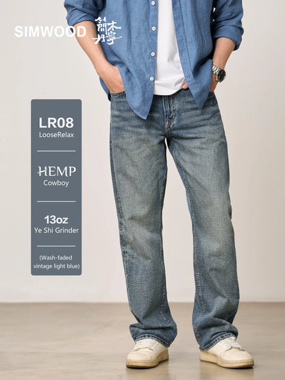 SIMWOOD High Standard 2026 Spring New 13oz Cotton Hemp Washed Vintage Jeans for Men,Classic Retro Casual Denim Trousers