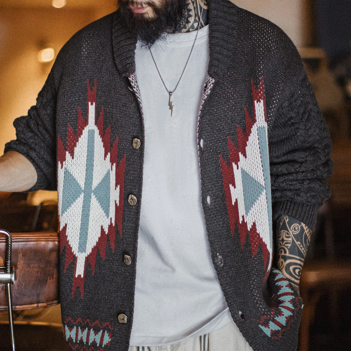 MADEN Retro Jacquard Shawl-Collar Cardigan