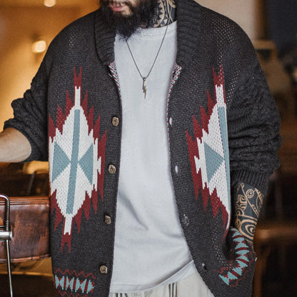 MADEN Retro Jacquard Shawl-Collar Cardigan