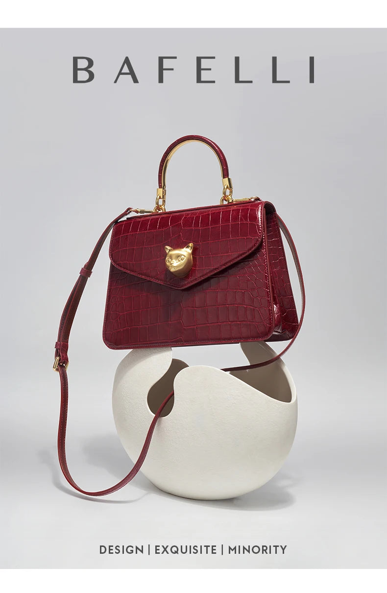BAFELLI Crocodile-Pattern Leather Business Flap Bag