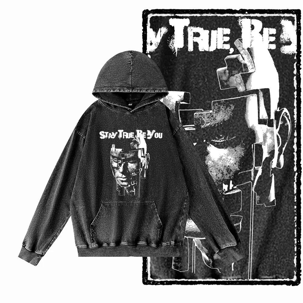 COOLMIND G21 Vintage Graphic Acid-Washed Black Hoodie