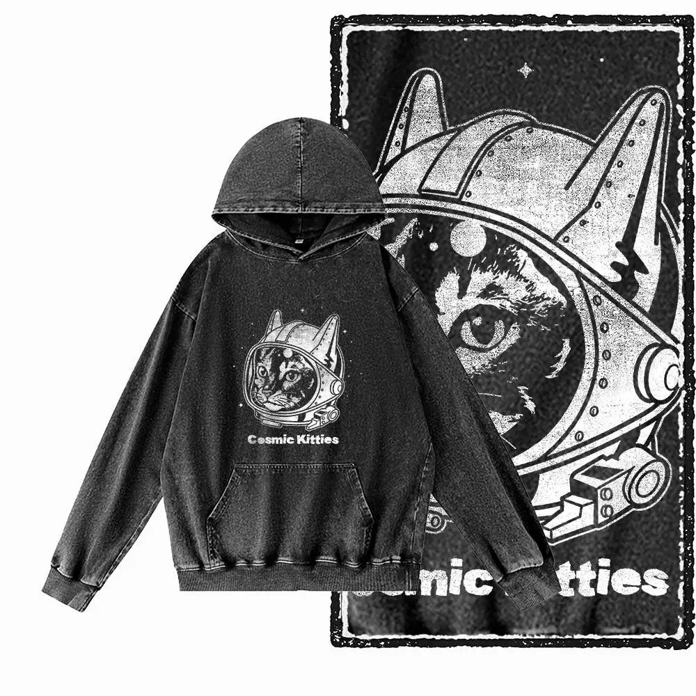 Night Prowler Cat Graphic Acid-Washed Black Hoodie