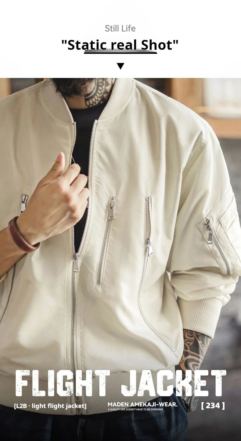 Maden Men's Vintage L2B Pilot Jacket White Lightweight Flight Bomber Jacket Short Zip-Up Casual Baseball Coat for Spring Autumn