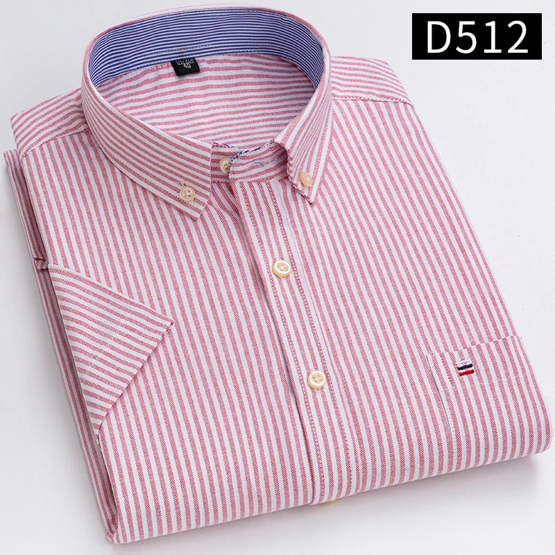 100% Cotton Men's Breathable Cotton Plaid Shirt - Short Sleeve Oxford Summer Striped Regular Fit Oversized Clothing