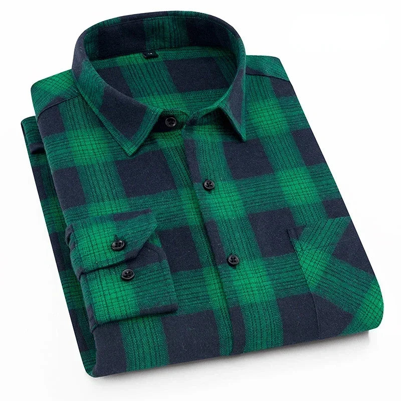 Pure Cotton Men's Plaid Shirt - Oversized Long Sleeve Casual Shirt for Plus Size