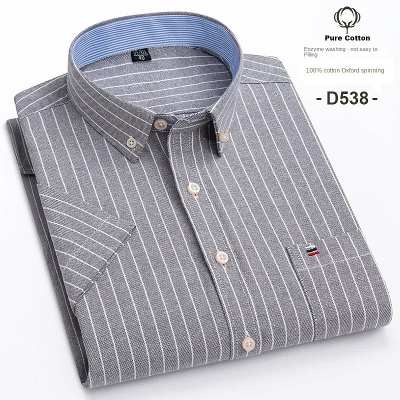 100% Cotton Men's Breathable Cotton Plaid Shirt - Short Sleeve Oxford Summer Striped Regular Fit Oversized Clothing