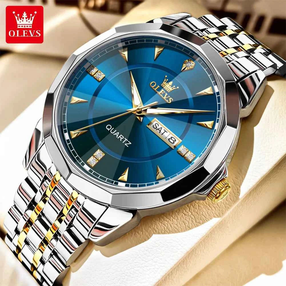 OLEVS 9977 Mens Watch Original Quartz Luminous Waterproof Day-Date Watch for Ladies and Gentlemen with Gift Box
