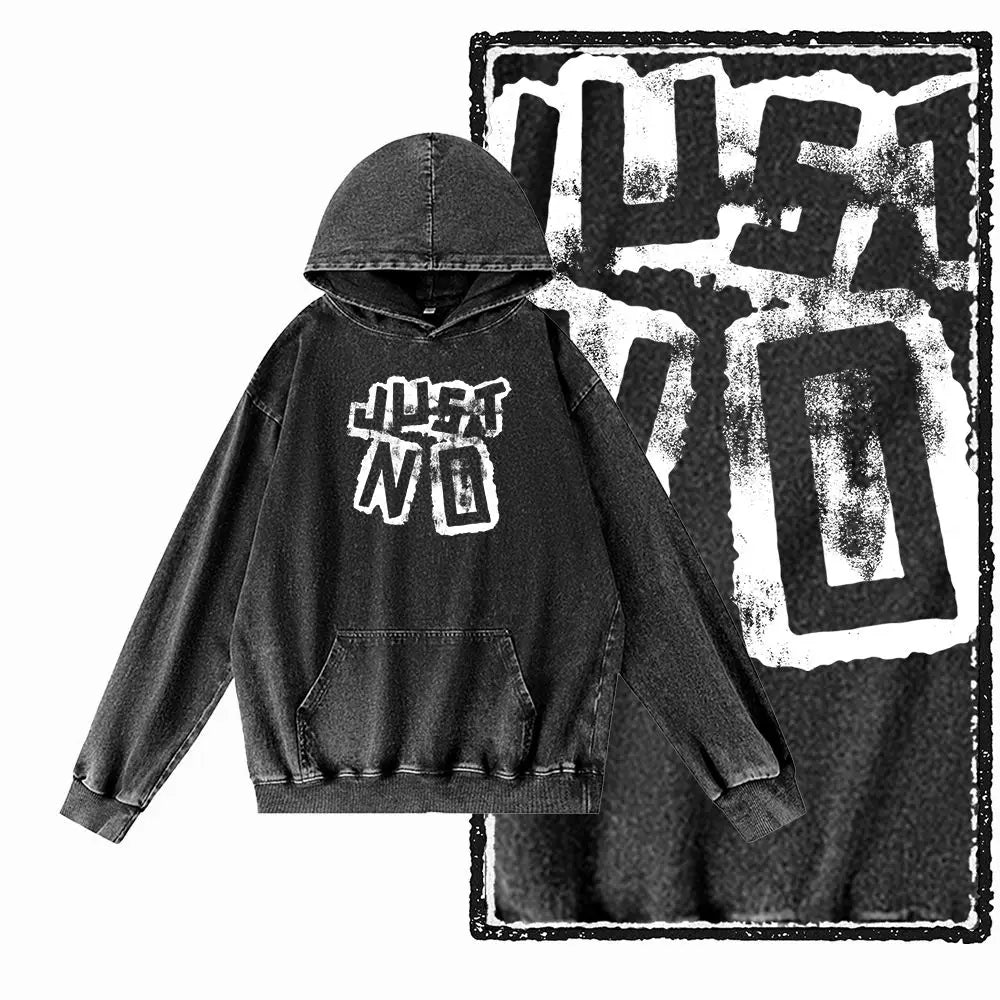 COOLMIND G25 Vintage Print Acid-Washed Black Hoodie