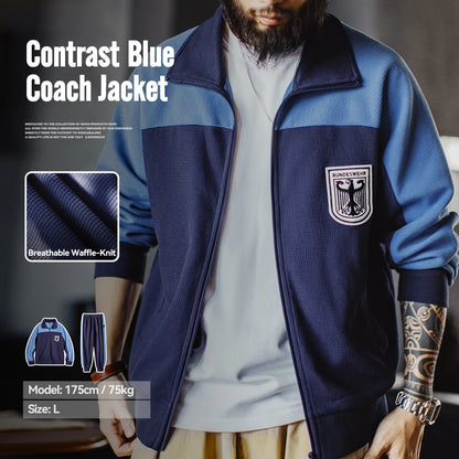 Maden Men's Vintage Contrast Navy Blue Jacket Waffle Knit Training Jacket Breathable Stand Collar Outwear for Spring Fall