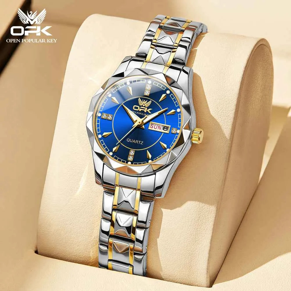 OPK 8151 Unisex Quartz Watch Waterproof Luminous Stainless Steel Automatic Date Dual Calendar Design