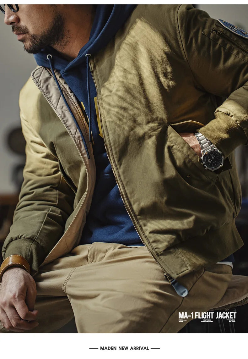 Maden Reversible MA-1 Flight Jackets for Men Baseball Collar Small Square Texture Fall and Winter Thickened Coats Cotton Jacket