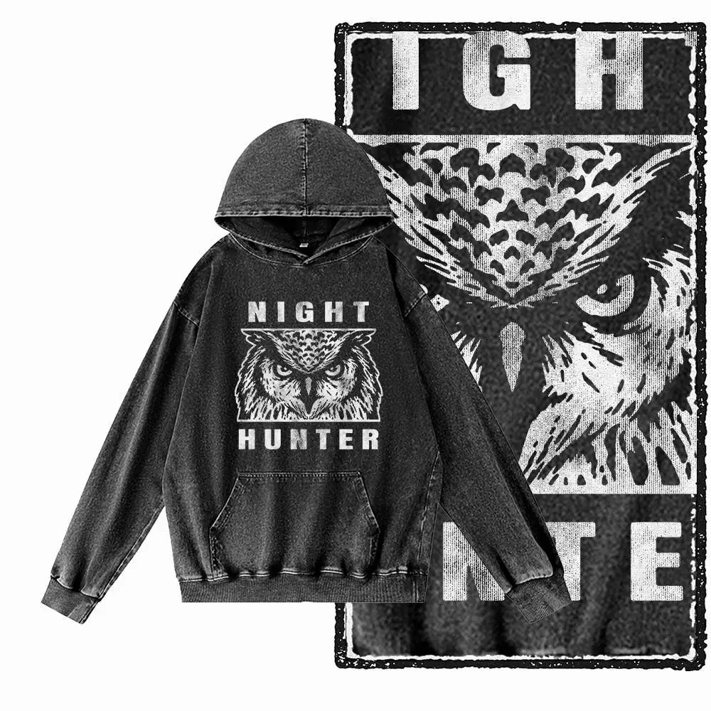Vintage Owl Graphic Acid-Washed Black Hoodie