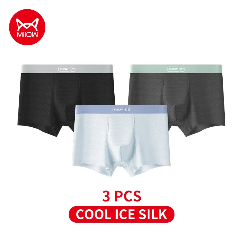 MiiOW Men's Breathable Silk Boxers - 3Pcs Ice Silk Underwear