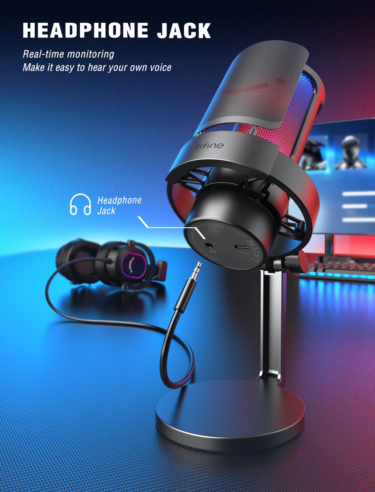 FIFINE USB microphone for recording and streaming with a sleek black design and adjustable stand, ideal for content creation.