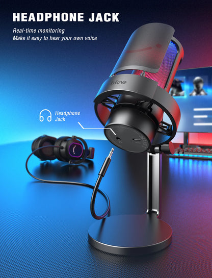 FIFINE USB microphone for recording and streaming with a sleek black design and adjustable stand, ideal for content creation.
