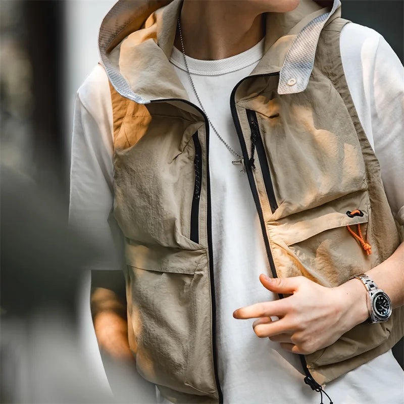 MADEN Khaki Hooded Quick-Dry Utility Vest