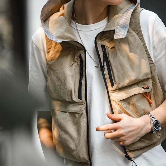 MADEN Khaki Hooded Quick-Dry Utility Vest